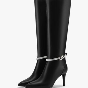 Knee High Boots Sparkly Rhinestone Side Zipper Heels Boots